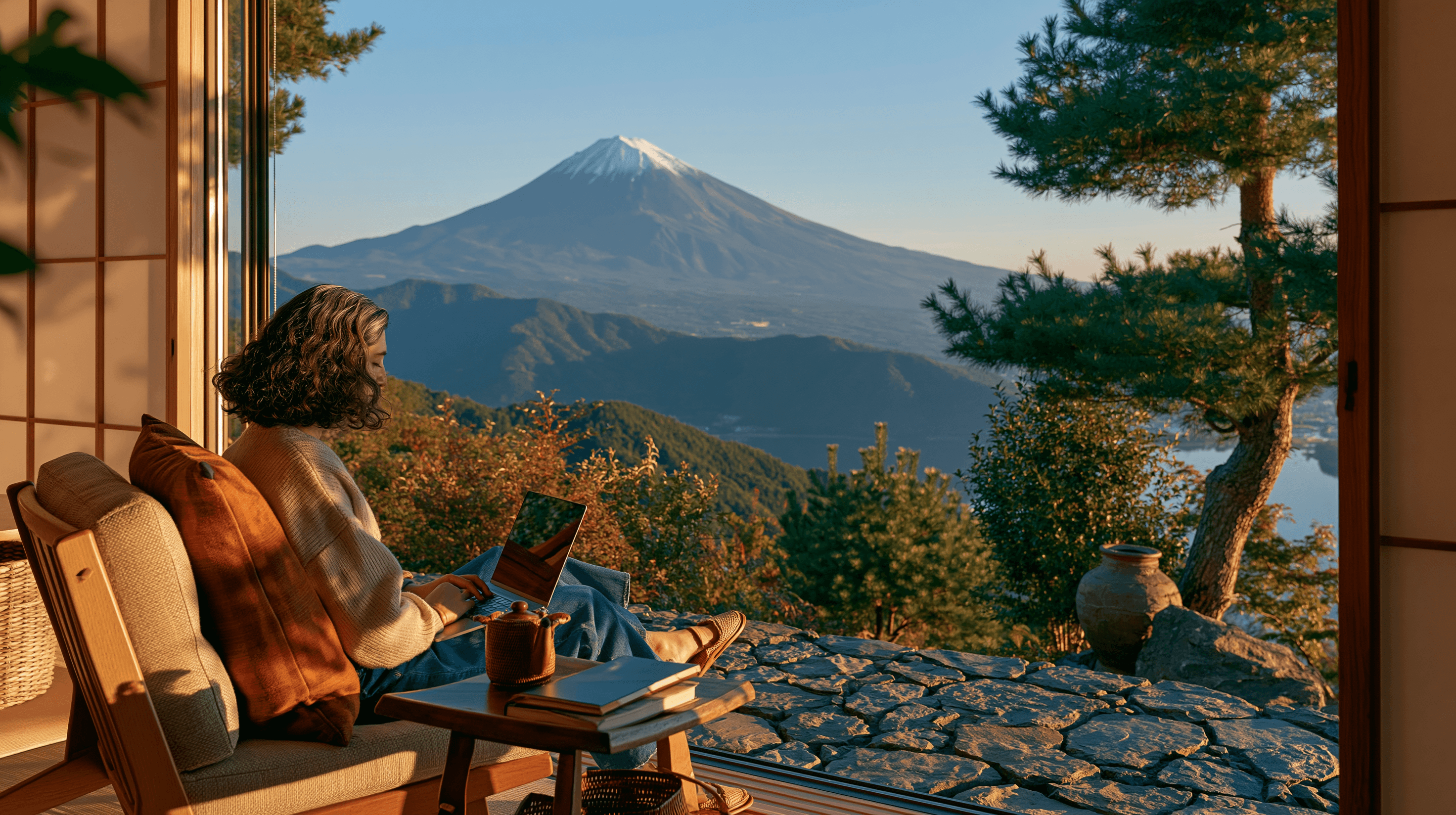 Person relaxing by a lake